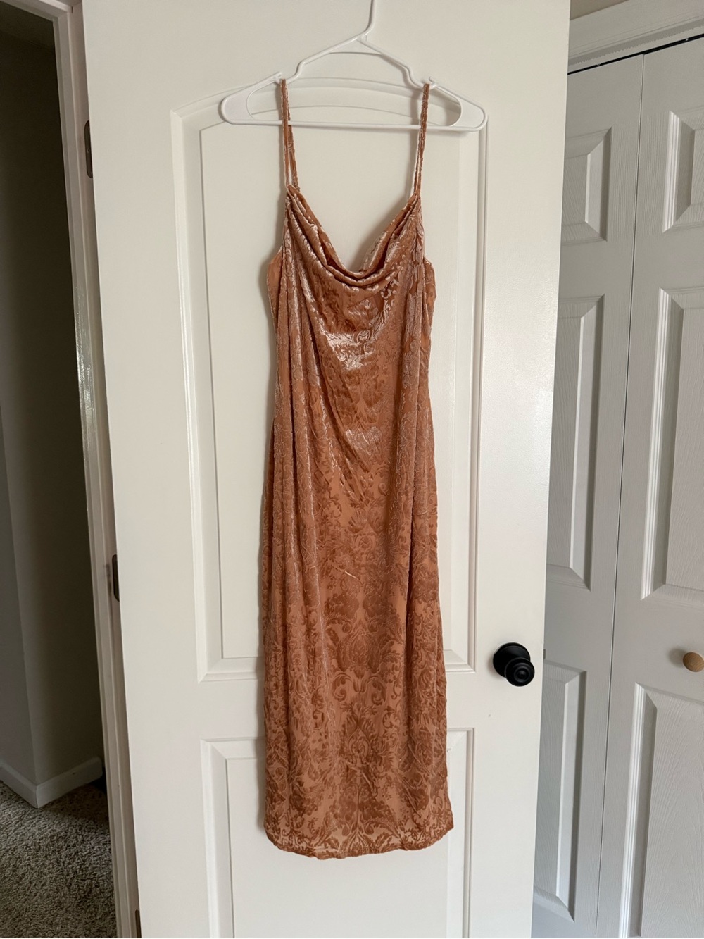 bebe Blush-Tan Velvet Cowl Midi Dress